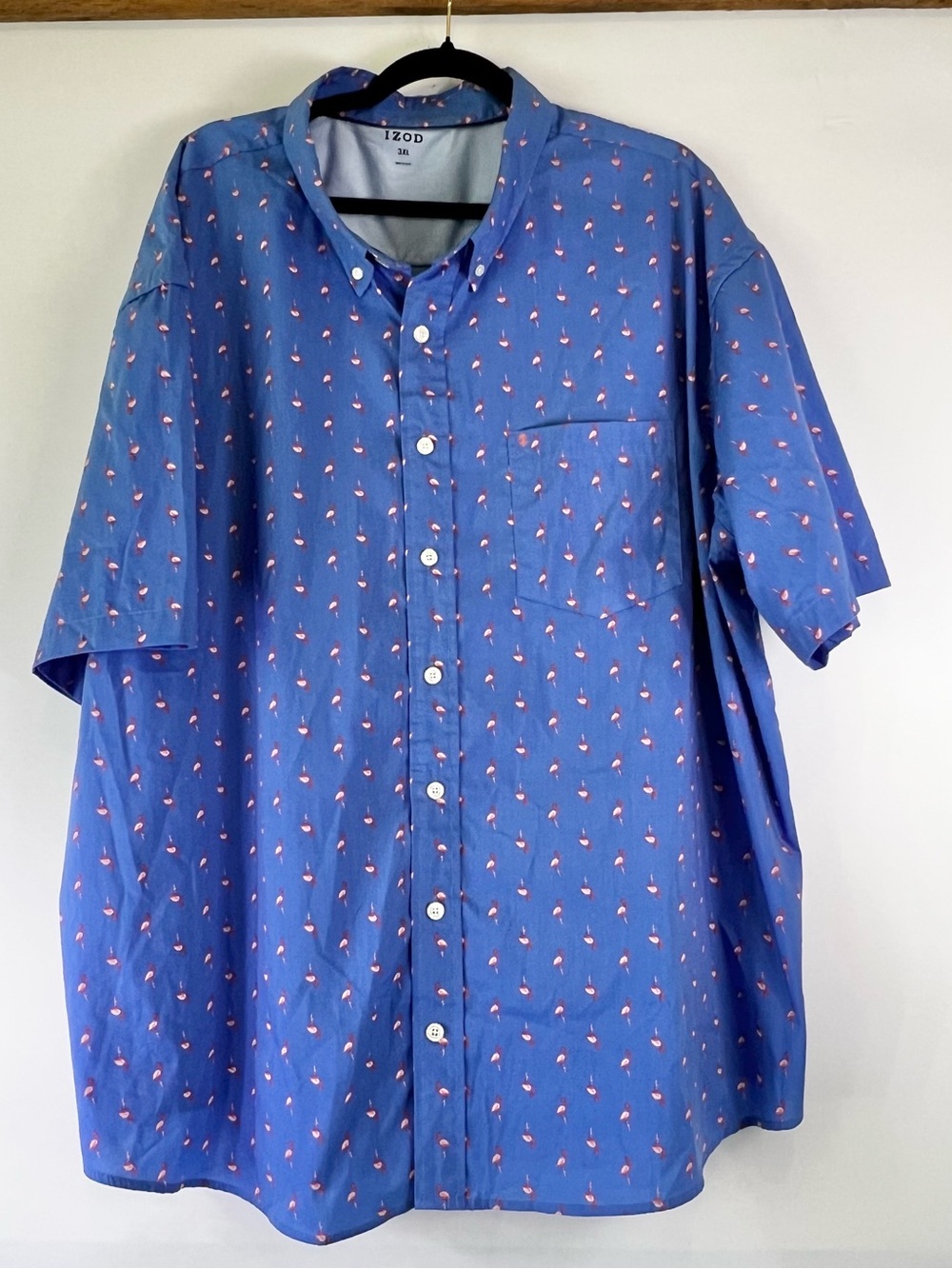 Izod Blue Short-Sleeve Button-Down with Pink Flamingo Print Beach Travel Color